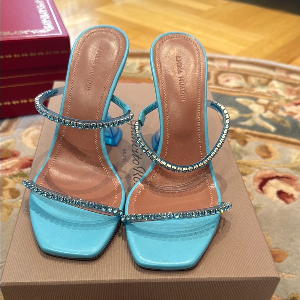 Amina Muaddi Blue Rhinestone Heels with Square-Toe Design